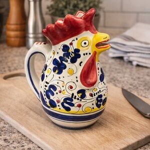 Deruta Italy Hand-Painted Rooster Pitcher • 8″ Majolica